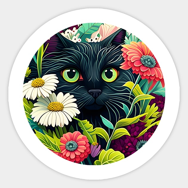 Floral Cat Botanical Plant Flower Cat Lover Sticker by WilliamHoraceBatezell